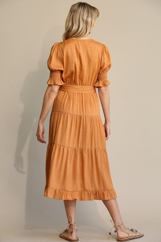 Button Down and Puff Sleeve Tiered Midi Dress - BURNT ORANGE