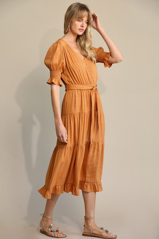 Button Down and Puff Sleeve Tiered Midi Dress - BURNT ORANGE