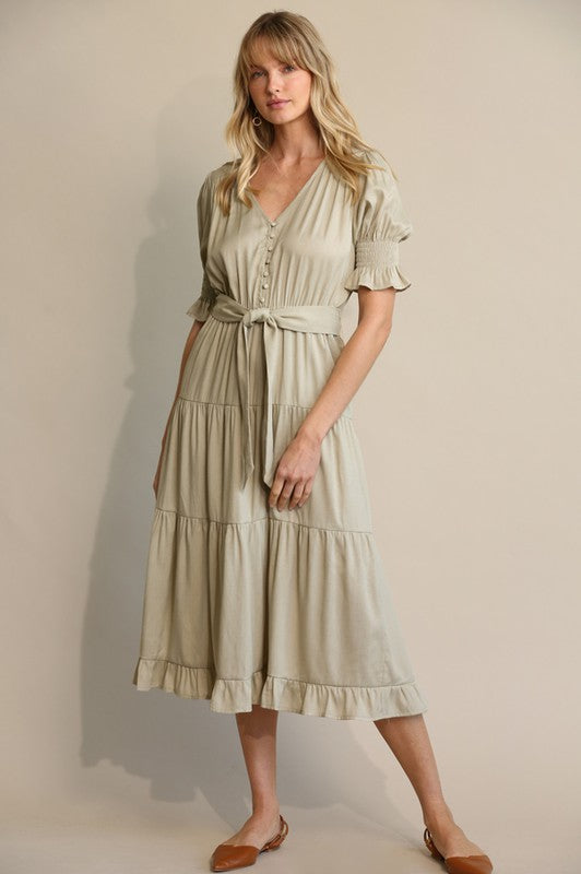 Button Down and Puff Sleeve Tiered Midi Dress - GREENISH GREY