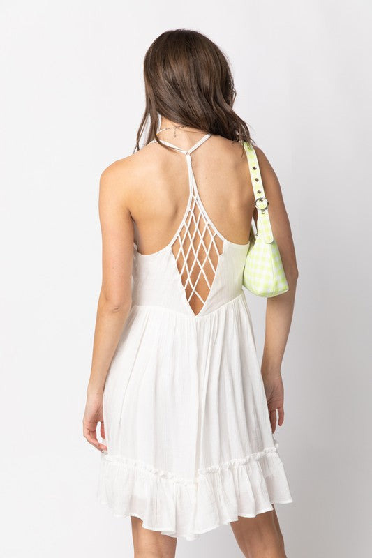 Woven Lattice Open Back Ruffle Mini Dress - White