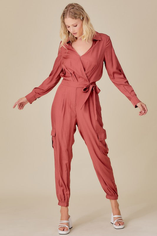 POCKET FRONT OVERLAP JUMPSUIT - BURNT ORANGE