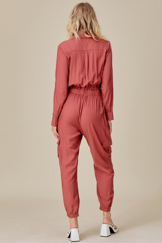 POCKET FRONT OVERLAP JUMPSUIT - BURNT ORANGE