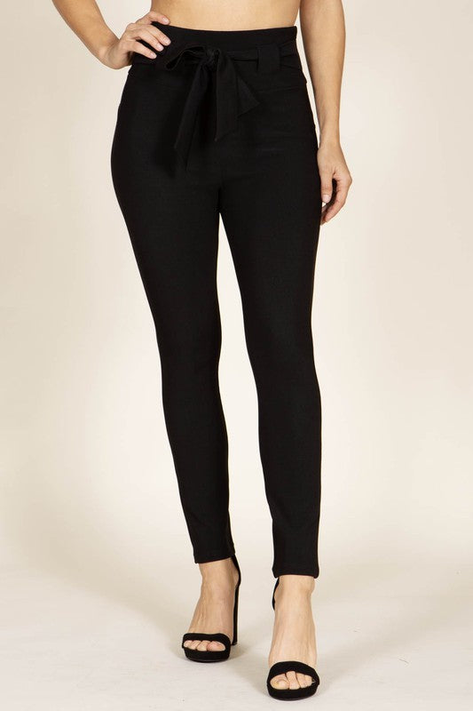 SELF TIE SKINNY PANTS - BLACK