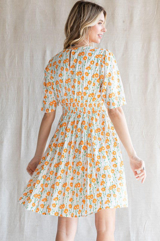 Floral Print Buttoned Smock Waist Baby Doll Dress - ORANGE