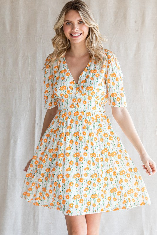 Floral Print Buttoned Smock Waist Baby Doll Dress - ORANGE