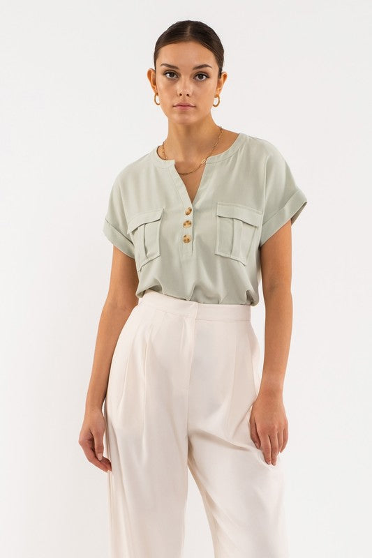 CUFFED SHORT SLEEVE TOP- LIGHT OLIVE