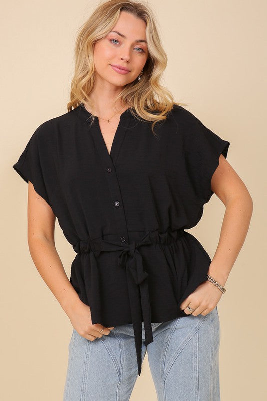 Everyday work attire button down top waist band - BLACK