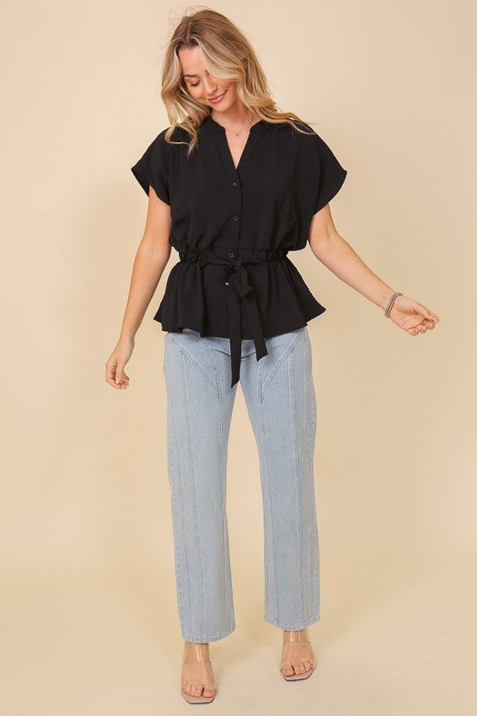 Everyday work attire button down top waist band - BLACK