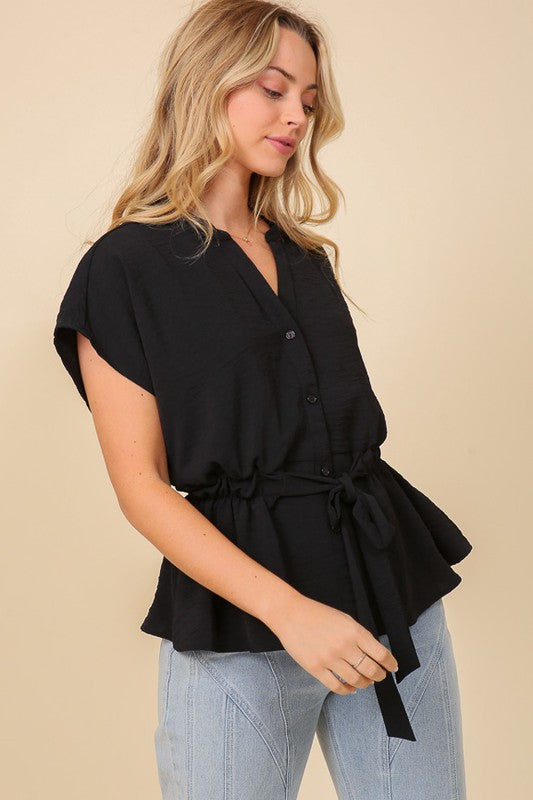 Everyday work attire button down top waist band - BLACK