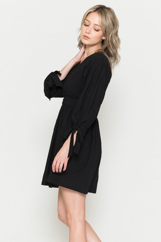 3/4 SLEEVE MINI DRESS WITH BUTTON FRONT - BLACK