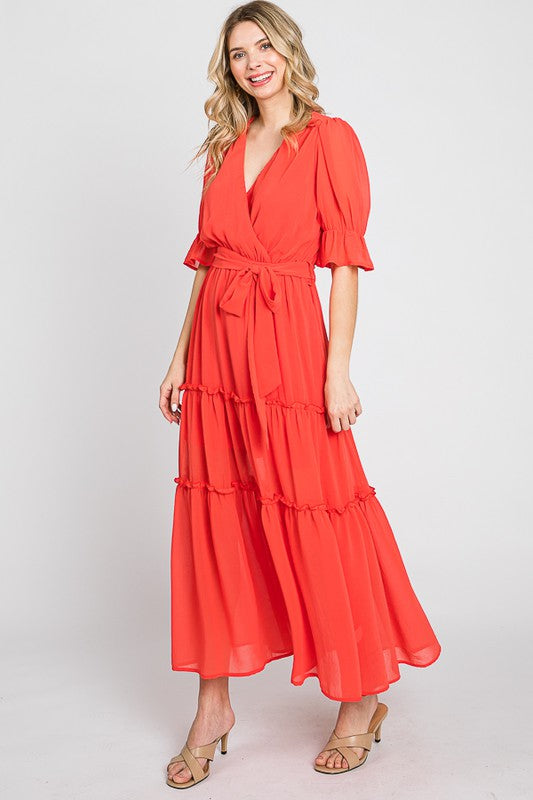 Tiered Chiffon Dress - Coral