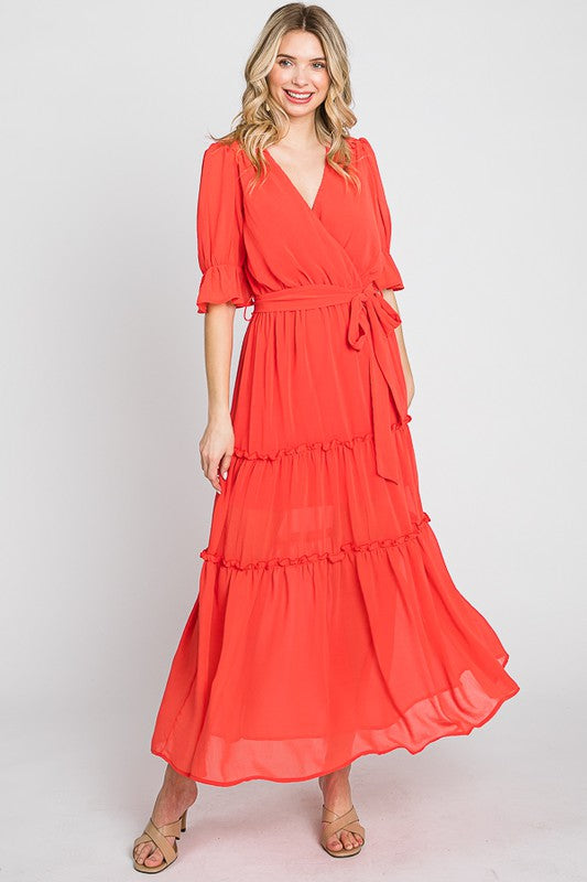 Tiered Chiffon Dress - Coral