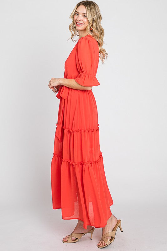 Tiered Chiffon Dress - Coral