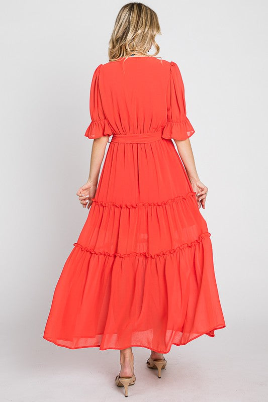 Tiered Chiffon Dress - Coral