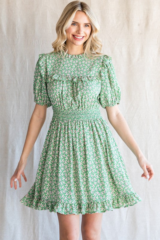 Floral Point Frilled Baby Doll Dress - GREEN