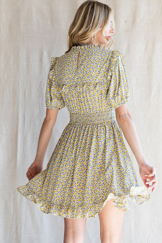 Floral Point Frilled Baby Doll Dress - YELLOW