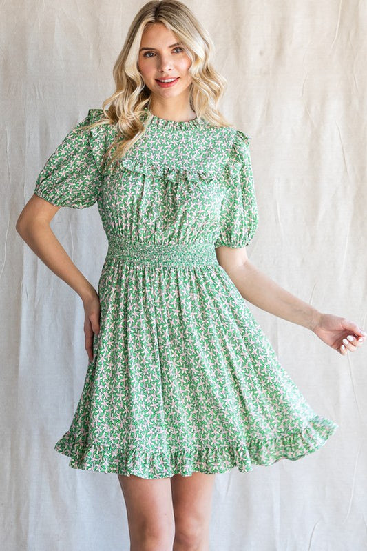 Floral Point Frilled Baby Doll Dress - GREEN