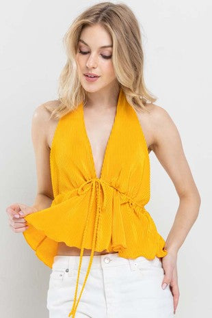 PLISSE HALTER TOP- MUSTARD