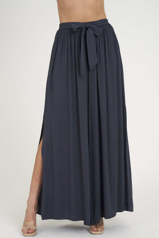 WIDE LEG SIDE SLIT PANTS SLATE BLUE