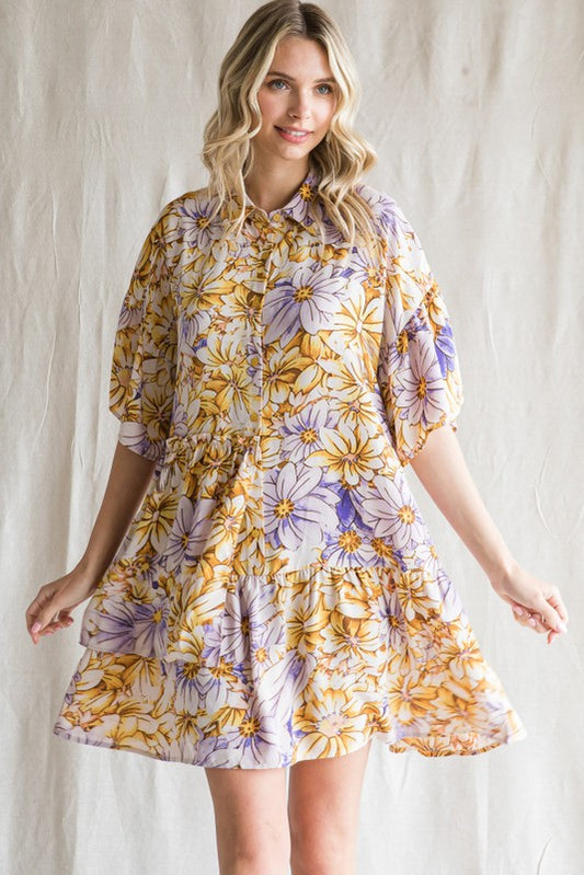 Floral Print Collared Neck Dress - GOLDEN KIWI