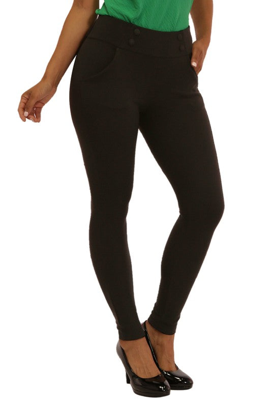 BUTTON WAIST SKINNY PANTS - BLACK