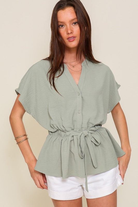 Everyday work attire button down top waist band - SAGE