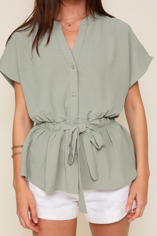 Everyday work attire button down top waist band - SAGE