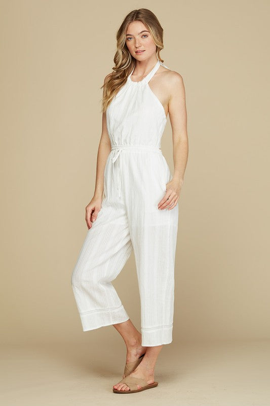 HALTER NECK SLEEVELESS JUMPSUIT WITH POCKET WHITE