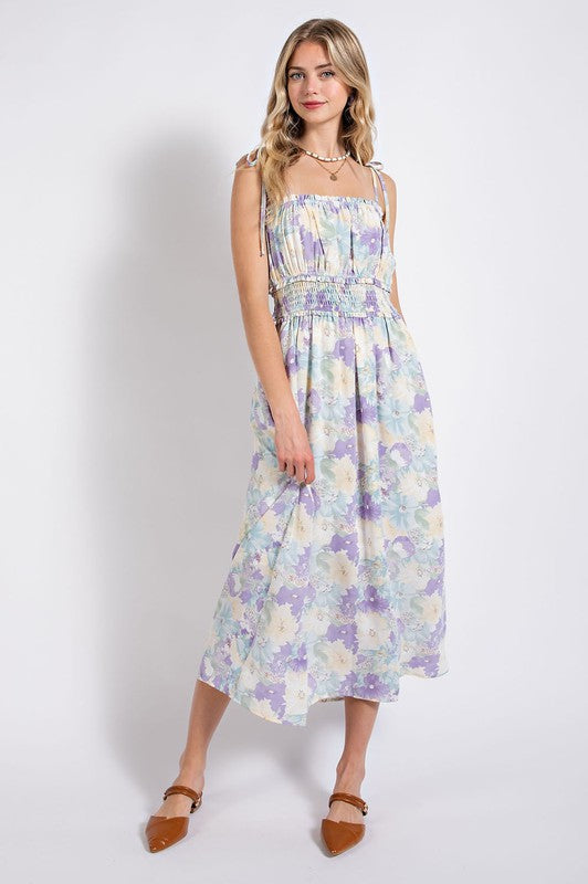 Floral Self Tie Strap Smocked Waist Dress - LAVENDER