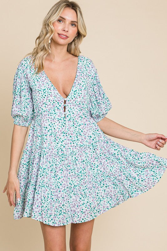 Ditsy floral buttoned neckline swing dress - GREEN PURPLE