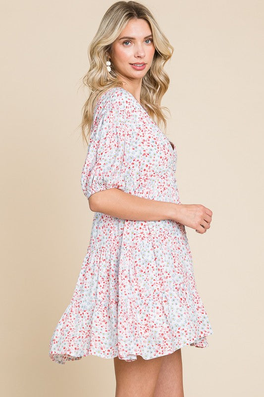 Ditsy floral buttoned neckline swing dress - PINK BLUE