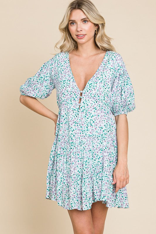 Ditsy floral buttoned neckline swing dress - GREEN PURPLE