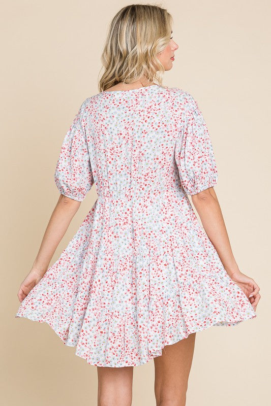 Ditsy floral buttoned neckline swing dress - PINK BLUE