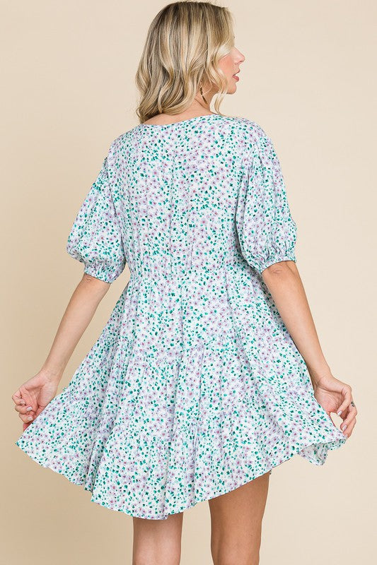 Ditsy floral buttoned neckline swing dress - GREEN PURPLE