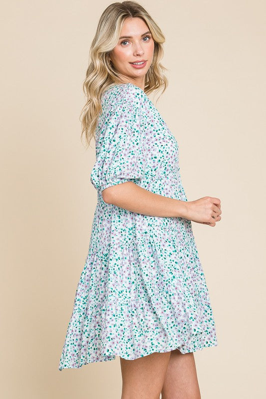 Ditsy floral buttoned neckline swing dress - GREEN PURPLE