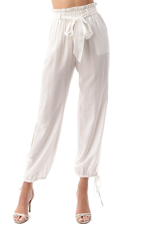 TIE FRONT AND BOTTOM LEG PANTS - WHITE