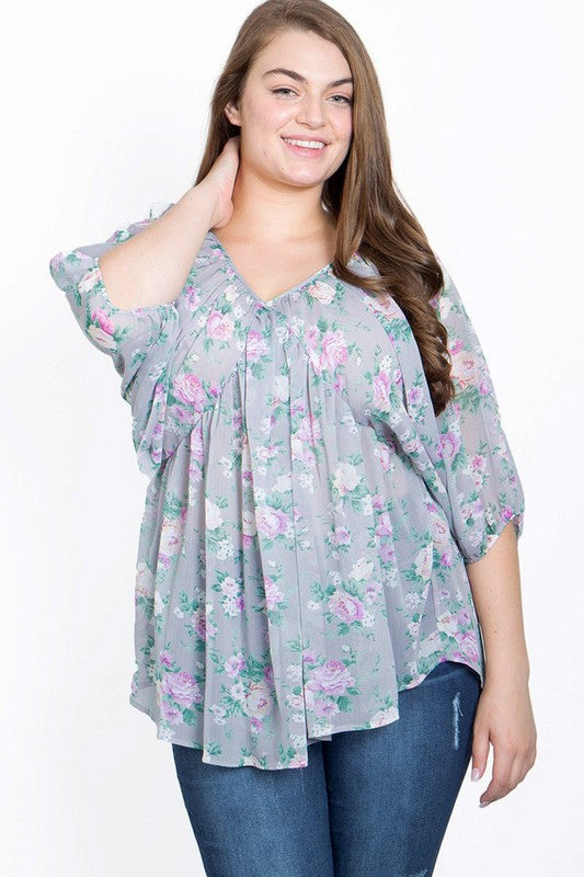 Floral Print Plus Size Woven Top - GREY