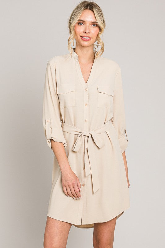 V-Neck Tied Shirt Dress - BEIGE