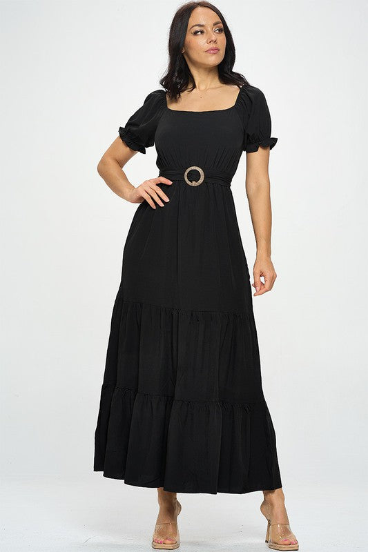 Puff Sleeve Tiered Maxi Dress - BLACK