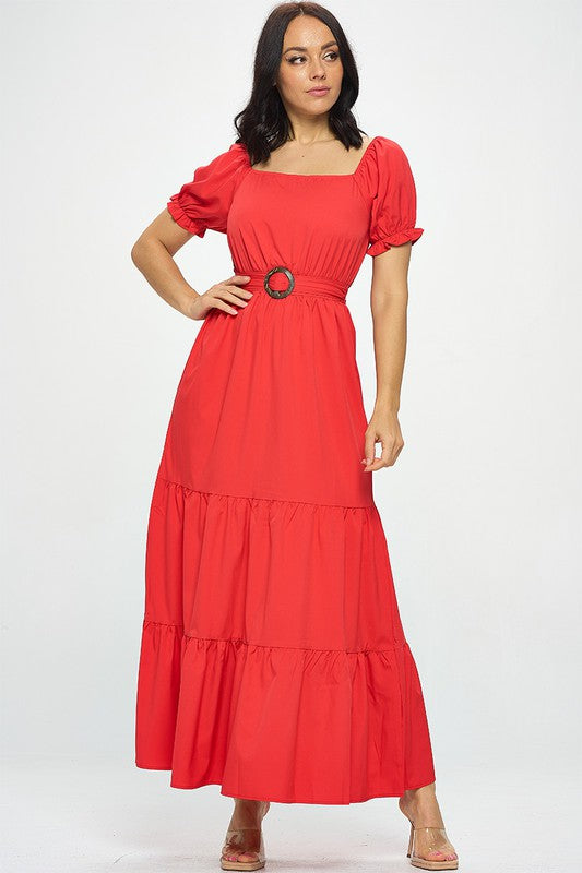 Puff Sleeve Tiered Maxi Dress - RED