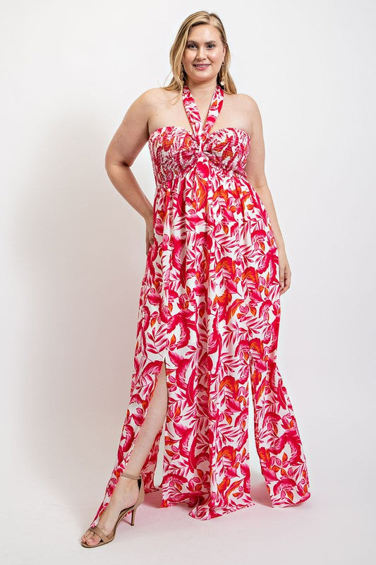 PLUS SIZE Halter Neck Slit Maxi Dress - PINK