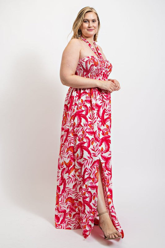 PLUS SIZE Halter Neck Slit Maxi Dress - PINK