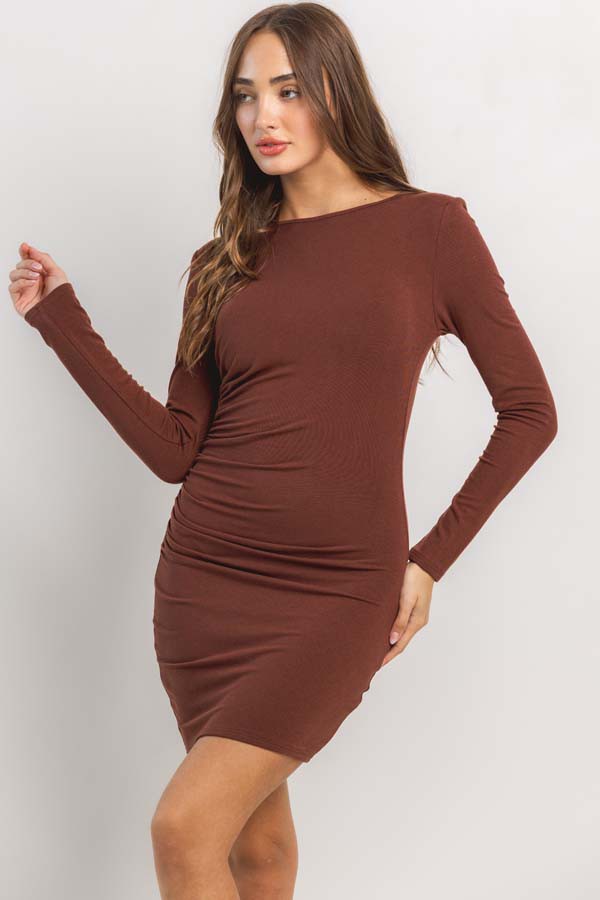 LONG SLEEVE MINI DRESS WITH SHOULDER PADS- BROWN