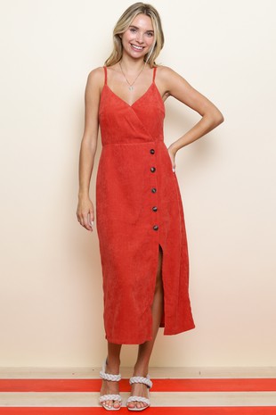 CORDUROY MIDI DRESS WITH BUTTONS - BURNT ORANGE