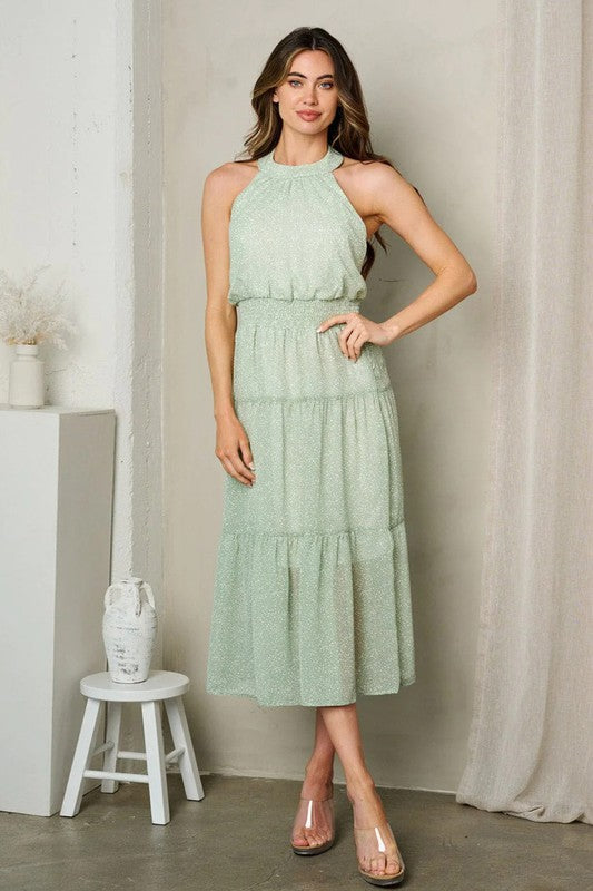 POLKA DOT TIERED MIDI DRESS - SAGE