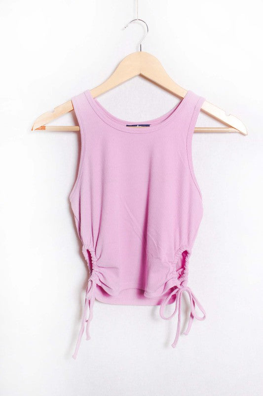 Women's Sleeveless Drawstring Side Ribbed Top - LAVENDER