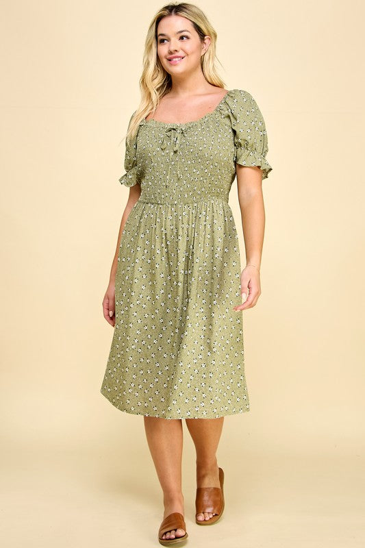 PLUS SIZE PUFF SLV SMOCKED TOP RUFFLE MIDI DRESS - GREEN