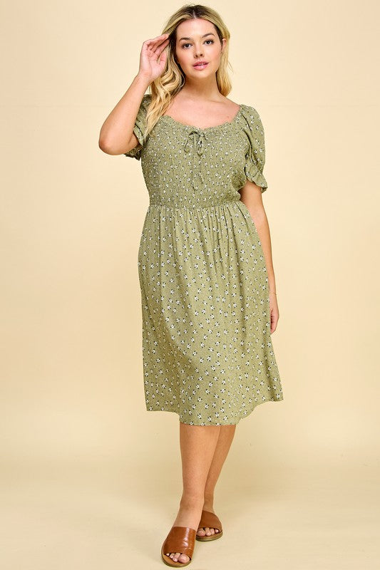 PLUS SIZE PUFF SLV SMOCKED TOP RUFFLE MIDI DRESS - GREEN