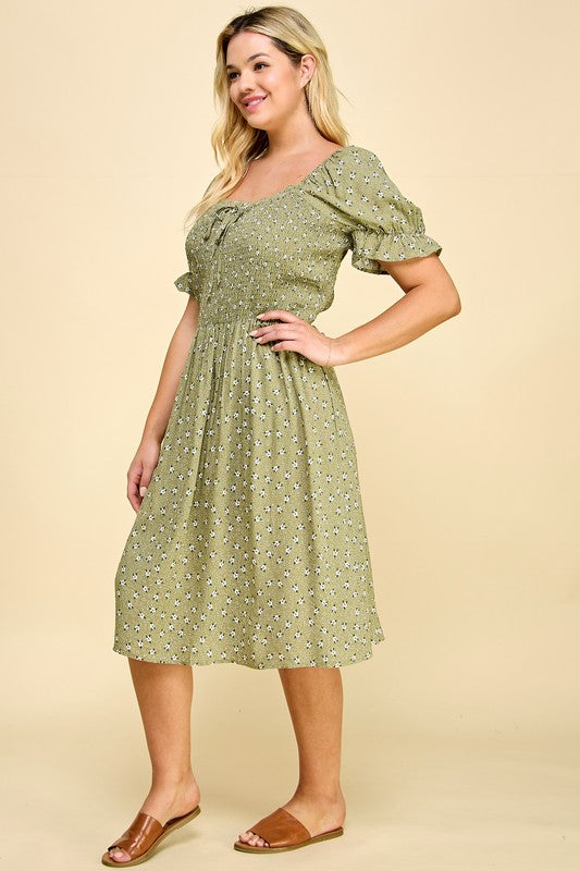 PLUS SIZE PUFF SLV SMOCKED TOP RUFFLE MIDI DRESS - GREEN