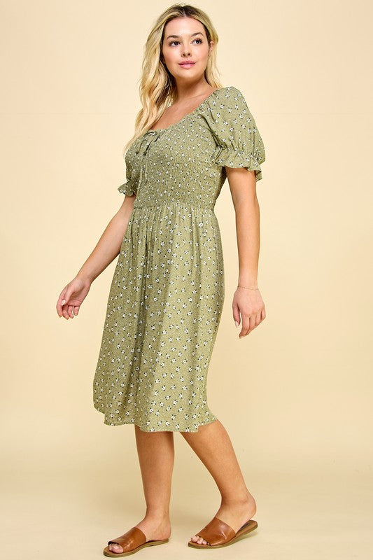 PLUS SIZE PUFF SLV SMOCKED TOP RUFFLE MIDI DRESS - GREEN